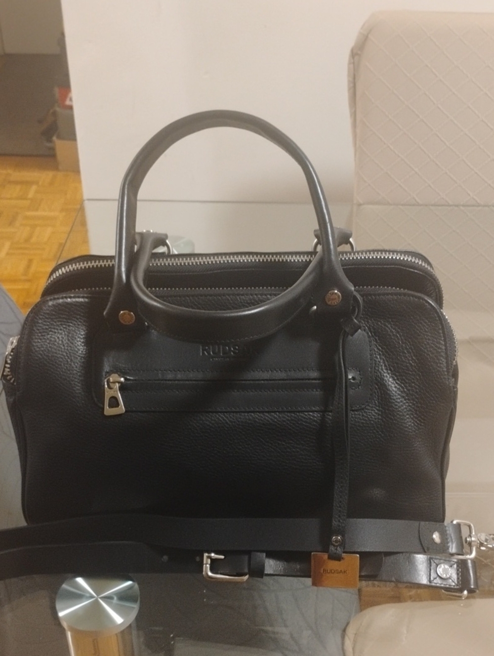 RUDSAK Black Leather Dual-Handle Satchel with Detachable Strap